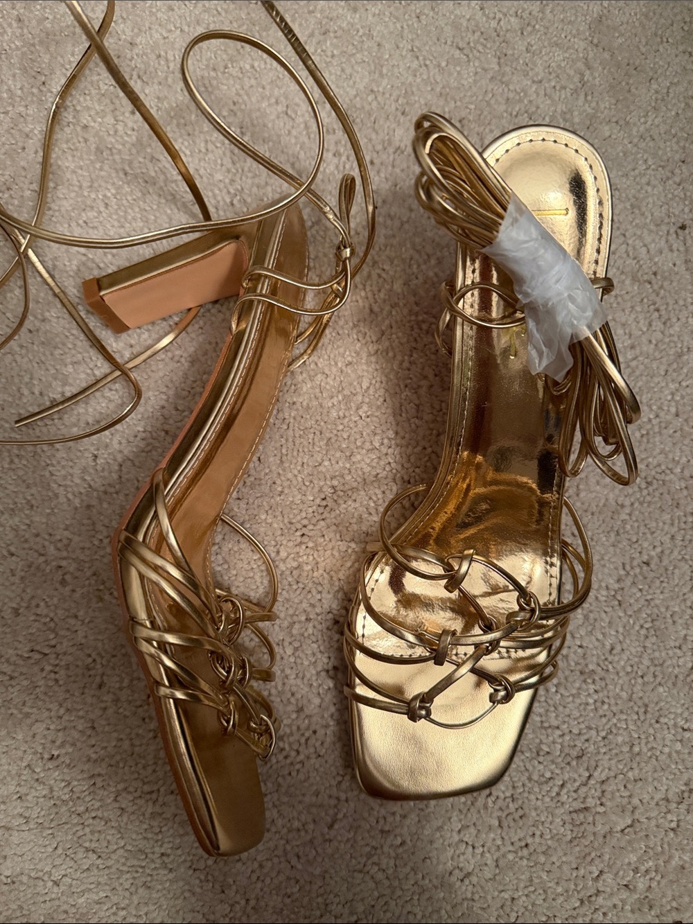 Lulu's Metallic Gold Lace-Up Block Heel Sandals- NWOT